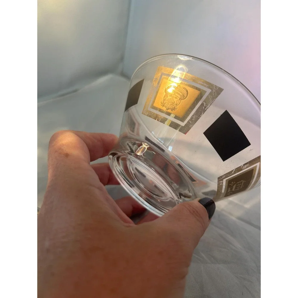 Small bar ware bowl with etched gold and black tone designs